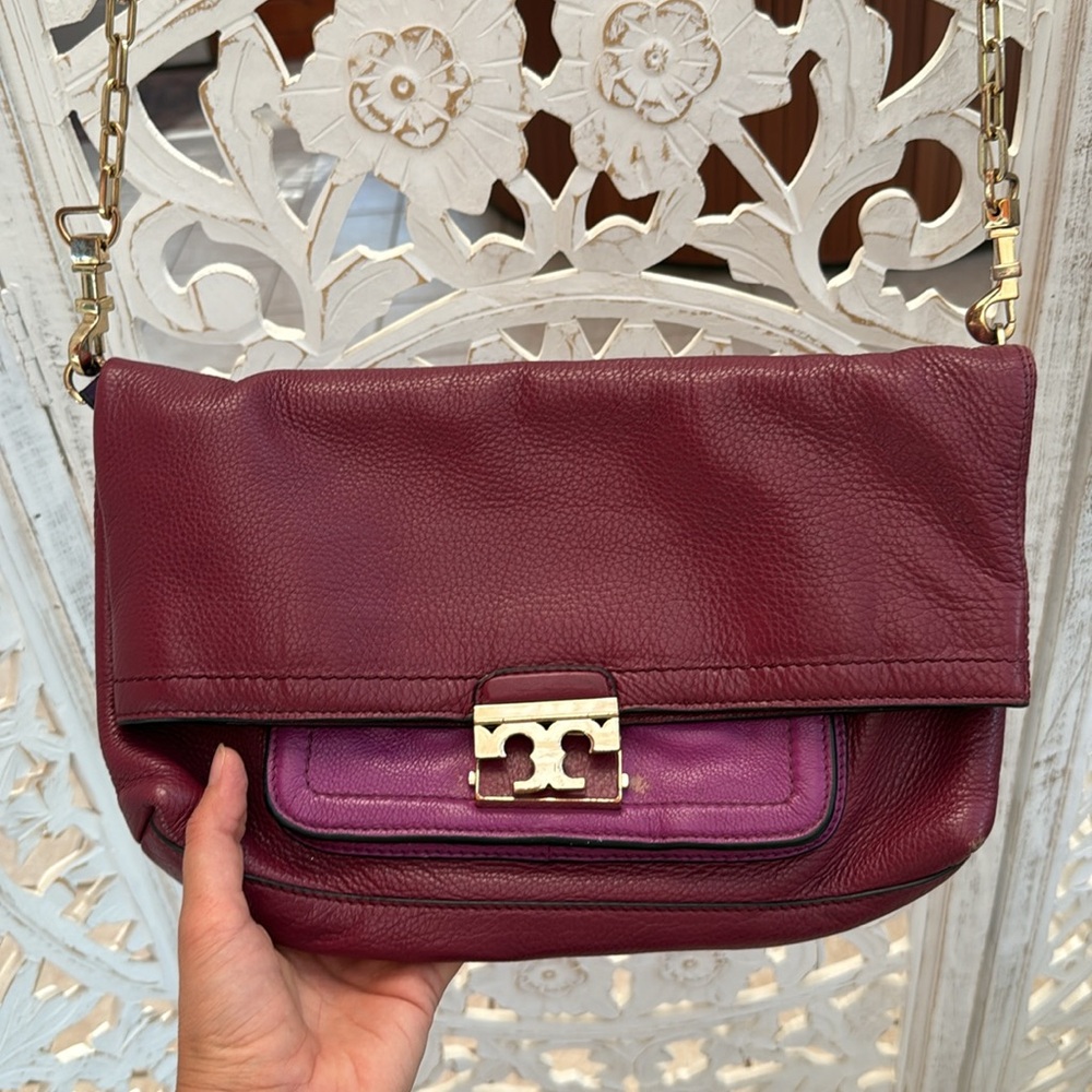 Tory Burch Colorblock Leather Crossbody Bag – Maroon Purple Fuchsia – Authentic